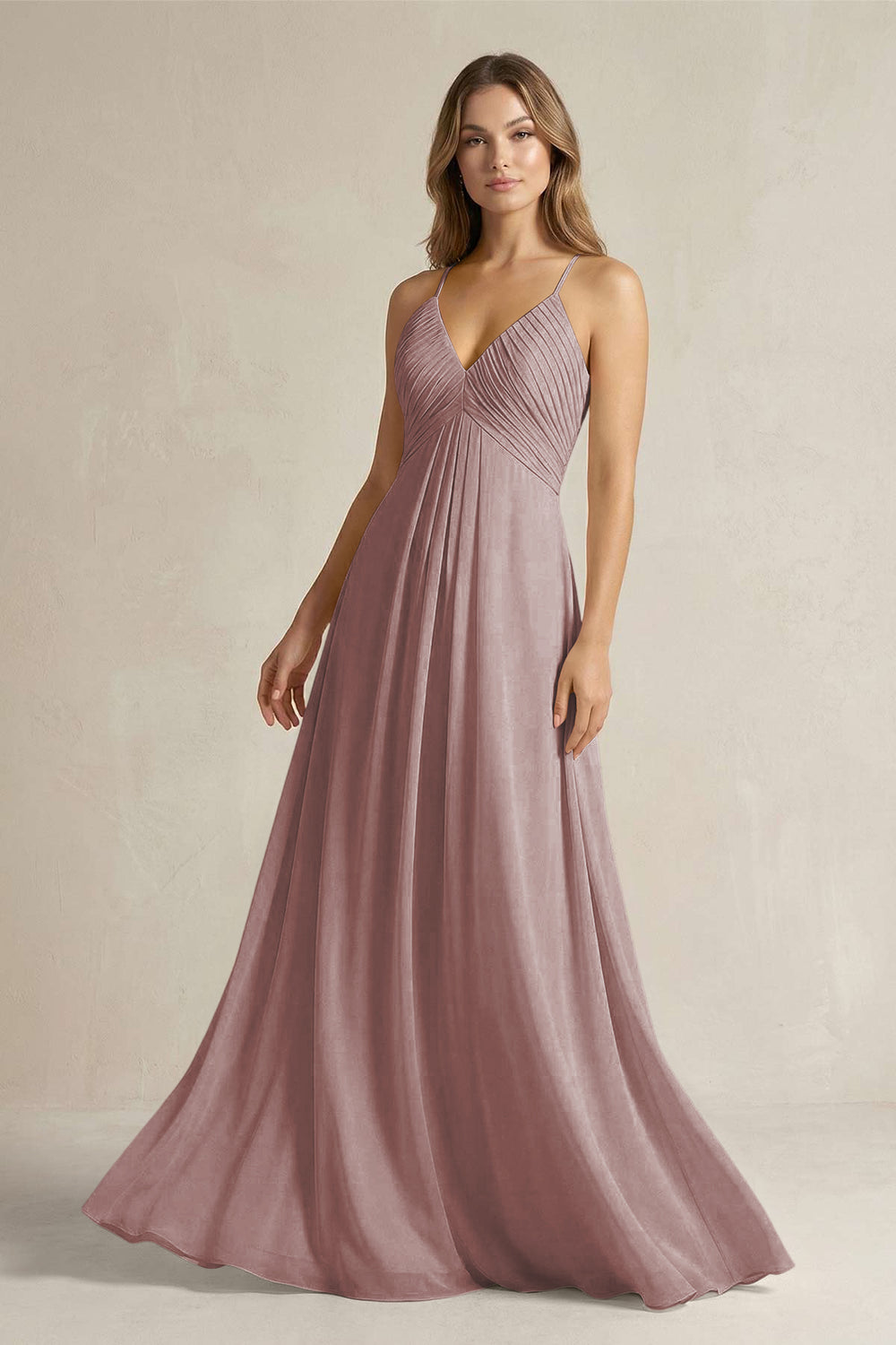 Cami Strap A-Line Chiffon Pleated Bridesmaid Dress in Dusty Rose