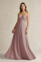 Cami Strap A-Line Chiffon Pleated Bridesmaid Dress in Dusty Rose | KISSBRIDAL