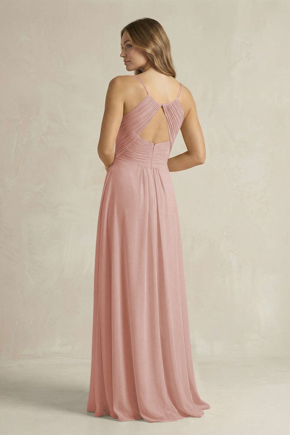 Cami Strap A-Line Chiffon Pleated Bridesmaid Dress in English Rose