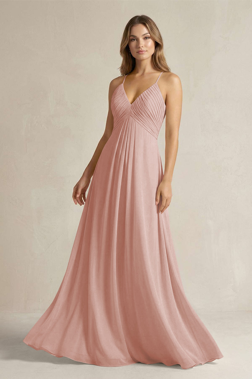 Cami Strap A-Line Chiffon Pleated Bridesmaid Dress in English Rose