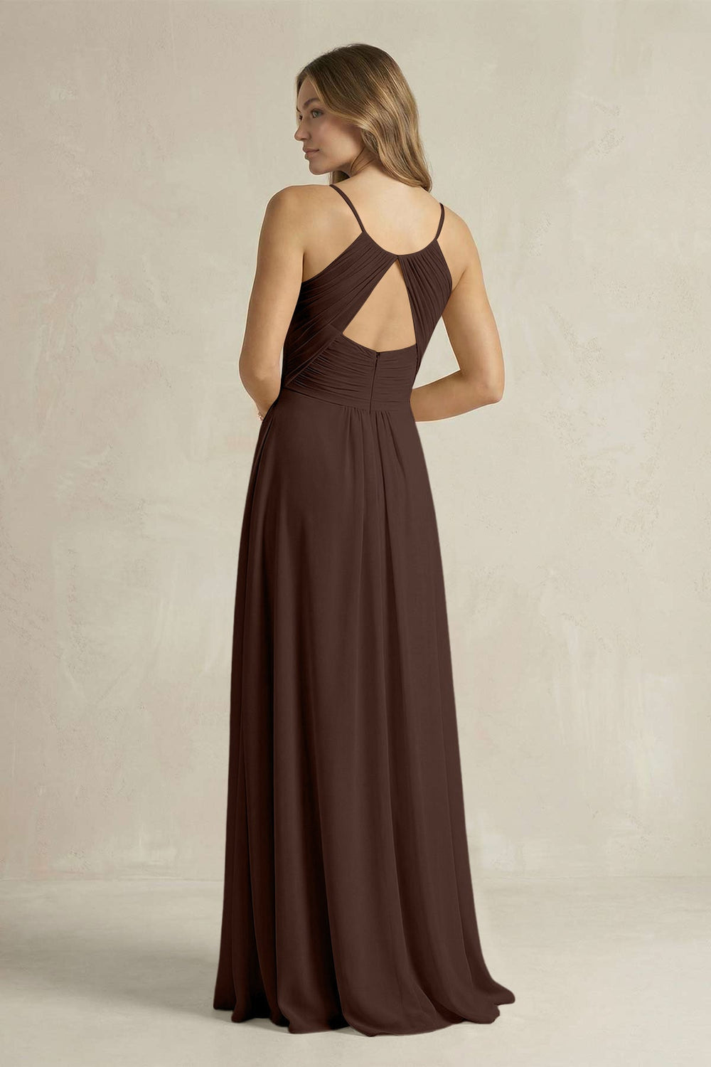 Cami Strap A - Line Chiffon Pleated Bridesmaid Dress in Espresso - KISS BRIDAL Bridesmaid Dresses