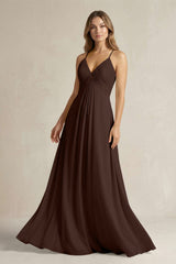 Cami Strap A - Line Chiffon Pleated Bridesmaid Dress in Espresso - KISS BRIDAL Bridesmaid Dresses