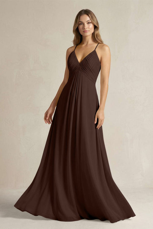 Cami Strap A - Line Chiffon Pleated Bridesmaid Dress in Espresso - SHE IS ME Bridesmaid Dresses
