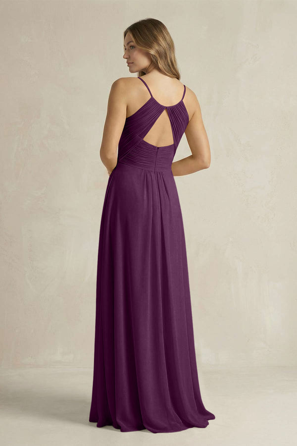 Cami Strap A-Line Chiffon Pleated Bridesmaid Dress in Fig (2) | KISSBRIDAL