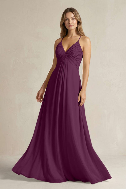 Cami Strap A - Line Chiffon Pleated Bridesmaid Dress in Fig - SHE IS ME Bridesmaid Dresses