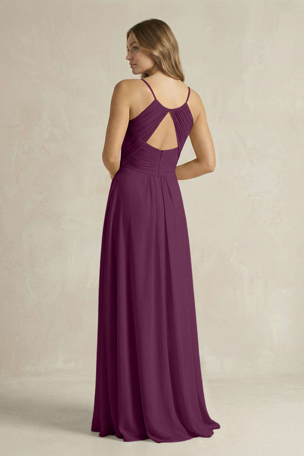 Cami Strap A - Line Chiffon Pleated Bridesmaid Dress in Fig - SHE IS ME Bridesmaid Dresses