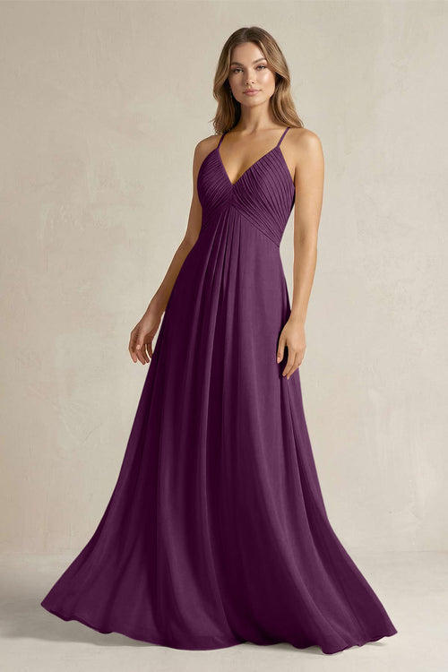 Cami Strap A-Line Chiffon Pleated Bridesmaid Dress in Fig | KISSBRIDAL
