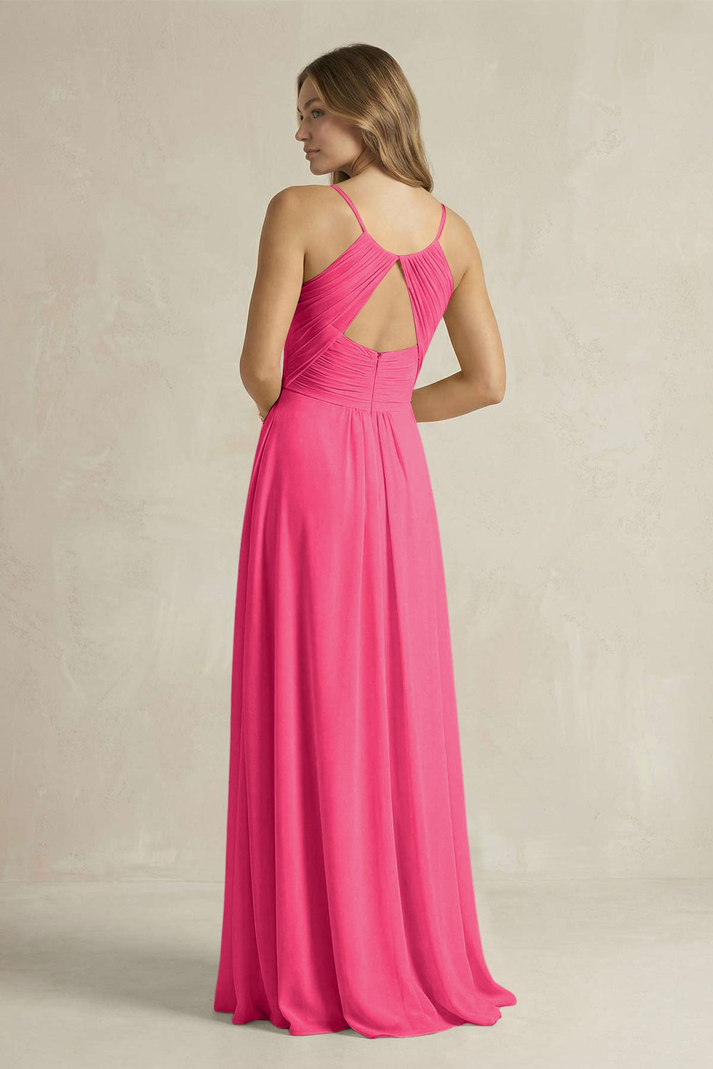 Cami Strap A-Line Chiffon Pleated Bridesmaid Dress in Fuchsia