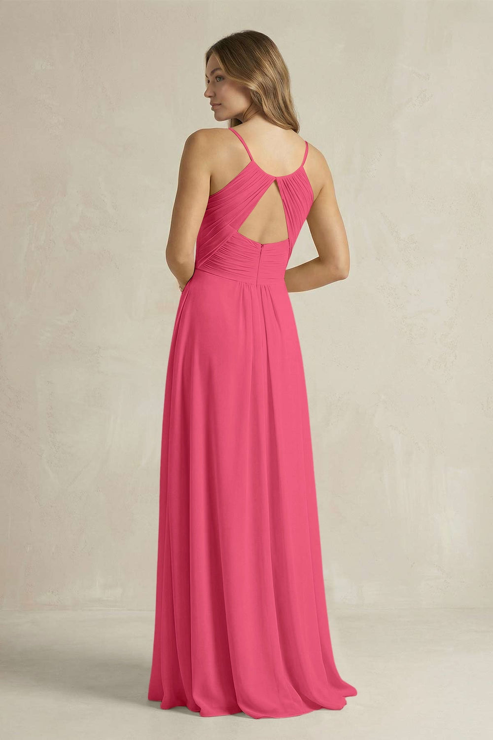 Cami Strap A - Line Chiffon Pleated Bridesmaid Dress in Fuchsia - KISS BRIDAL Bridesmaid Dresses
