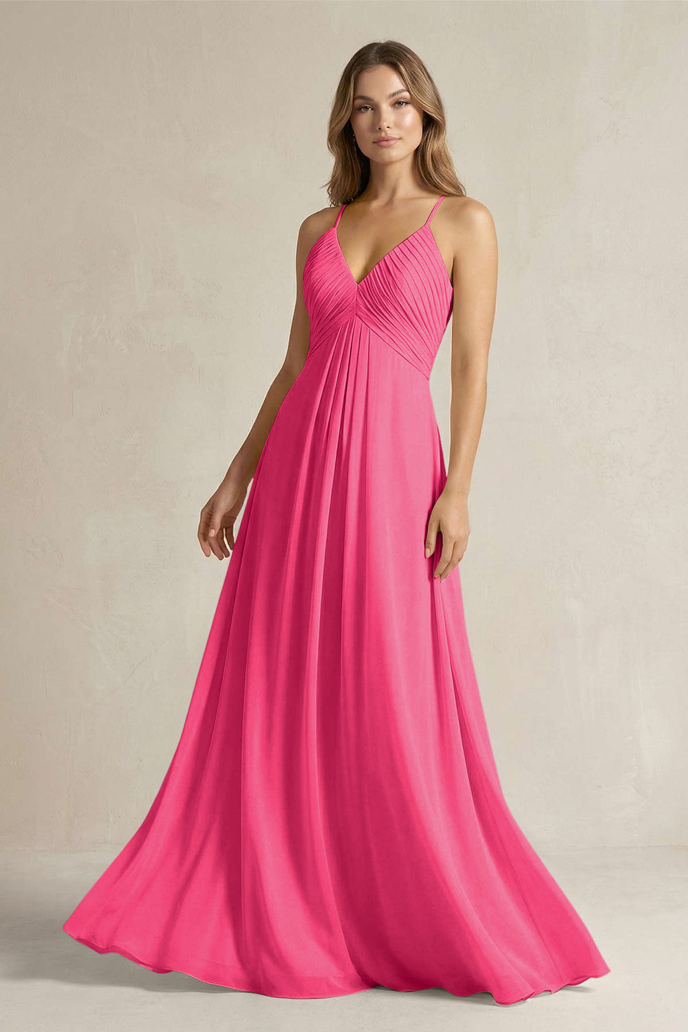 Cami Strap A-Line Chiffon Pleated Bridesmaid Dress in Fuchsia