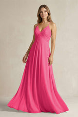 Cami Strap A-Line Chiffon Pleated Bridesmaid Dress in Fuchsia | KISSBRIDAL