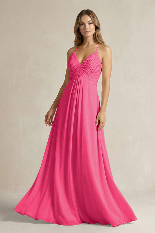 Cami Strap A-Line Chiffon Pleated Bridesmaid Dress in Fuchsia | KISSBRIDAL