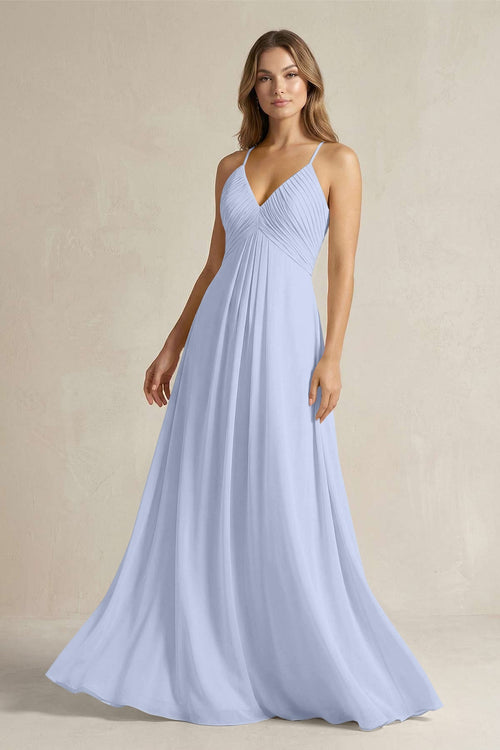 Cami Strap A - Line Chiffon Pleated Bridesmaid Dress in Ice - SHE IS ME Bridesmaid Dresses