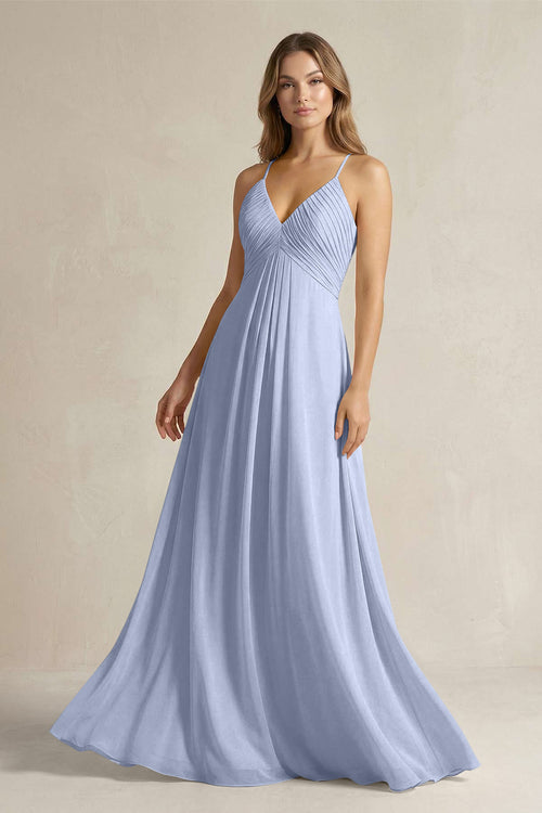 Cami Strap A-Line Chiffon Pleated Bridesmaid Dress in Ice | KISSBRIDAL