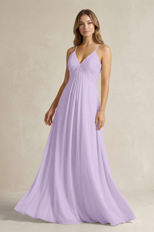 Cami Strap A - Line Chiffon Pleated Bridesmaid Dress in Lavender - SHE IS ME Bridesmaid Dresses