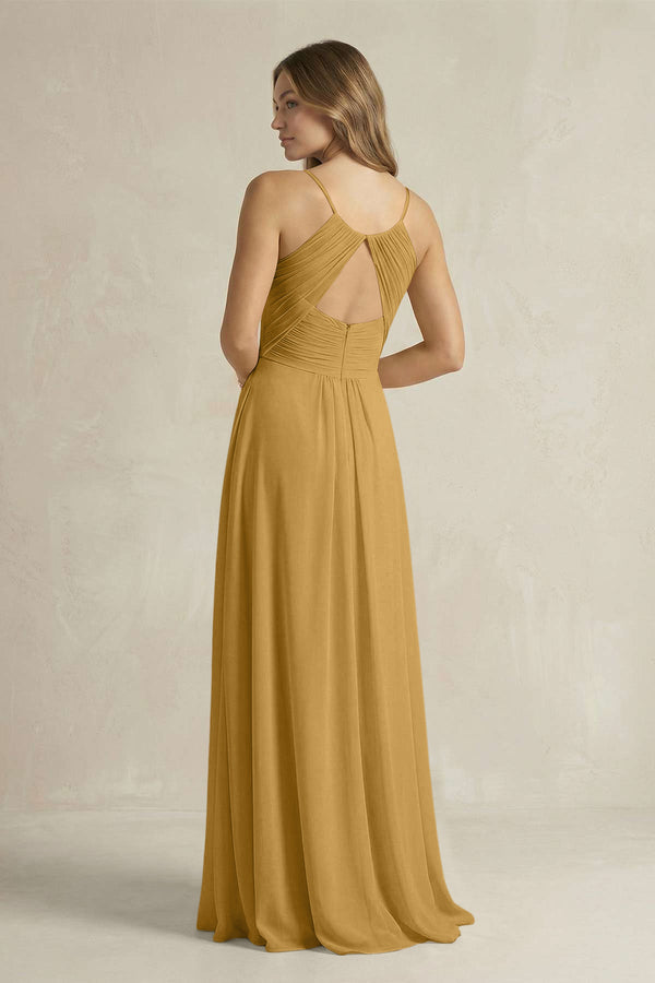 Cami Strap A-Line Chiffon Pleated Bridesmaid Dress in Marigold (2) | KISSBRIDAL