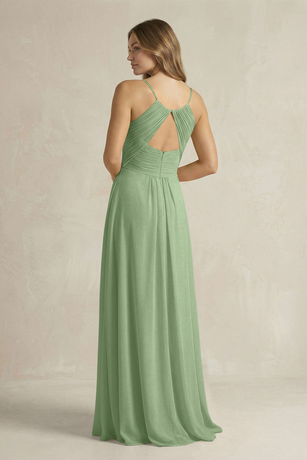 Cami Strap A-Line Chiffon Pleated Bridesmaid Dress in Matcha