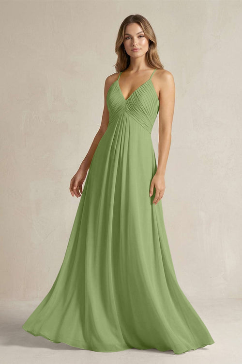 Cami Strap A - Line Chiffon Pleated Bridesmaid Dress in Matcha - SHE IS ME Bridesmaid Dresses