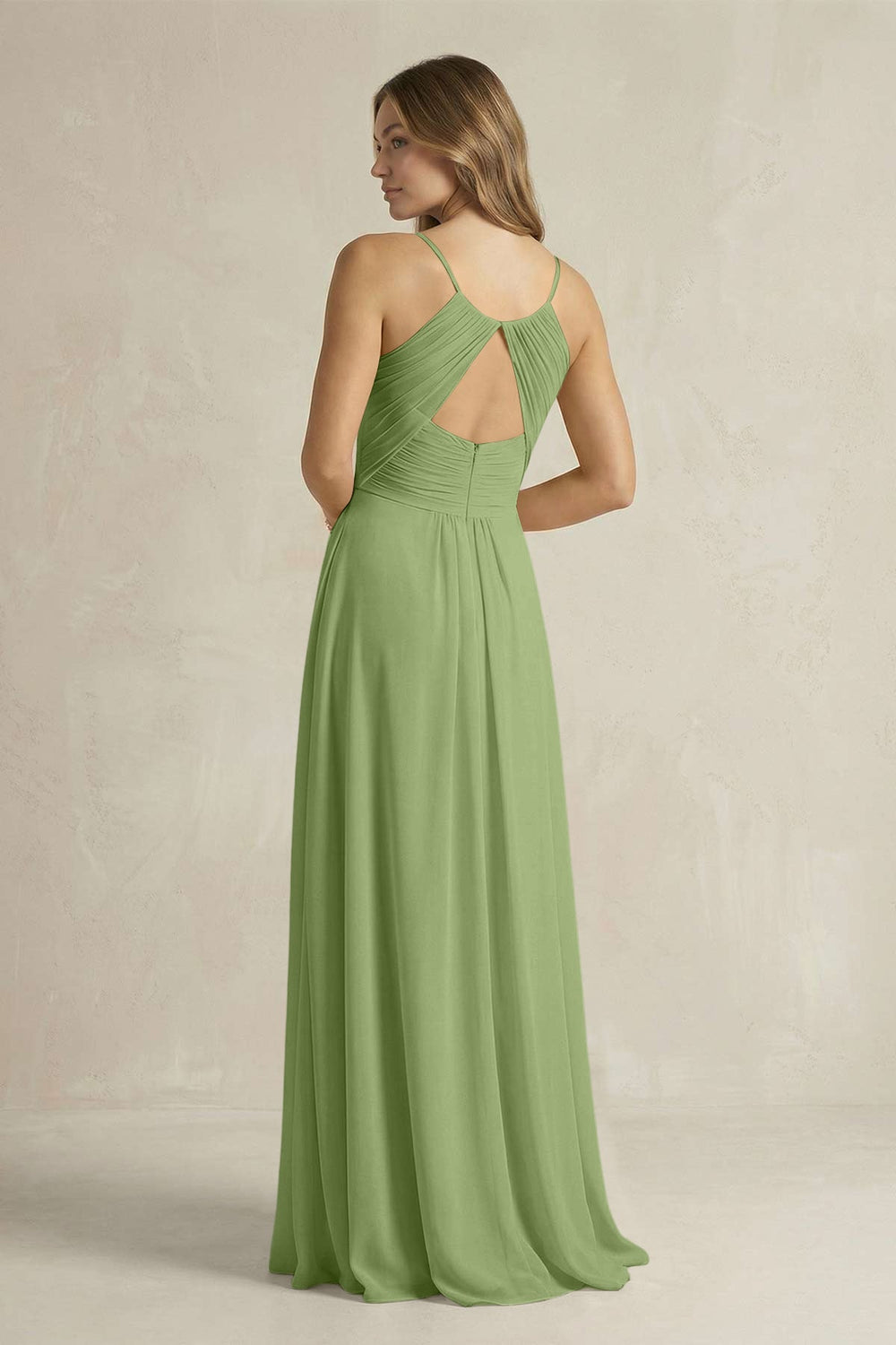 Cami Strap A - Line Chiffon Pleated Bridesmaid Dress in Matcha - KISS BRIDAL Bridesmaid Dresses