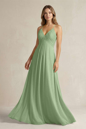 Cami Strap A-Line Chiffon Pleated Bridesmaid Dress in Matcha | KISSBRIDAL