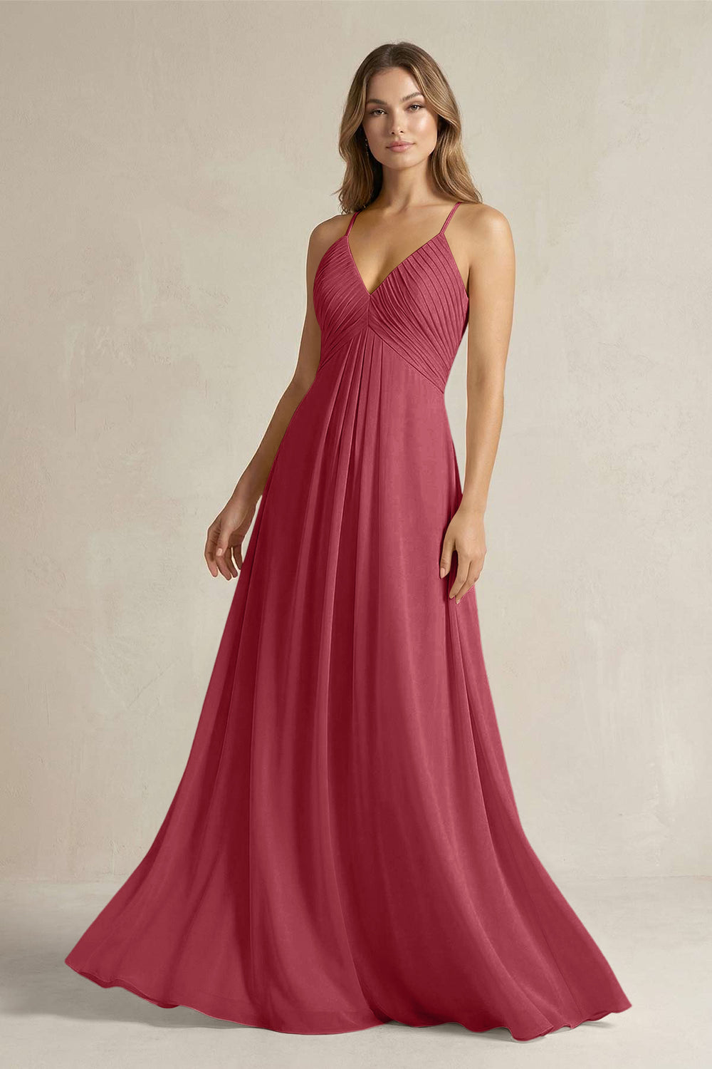 Cami Strap A-Line Chiffon Pleated Bridesmaid Dress in Merlot