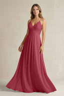 Cami Strap A-Line Chiffon Pleated Bridesmaid Dress in Merlot | KISSBRIDAL