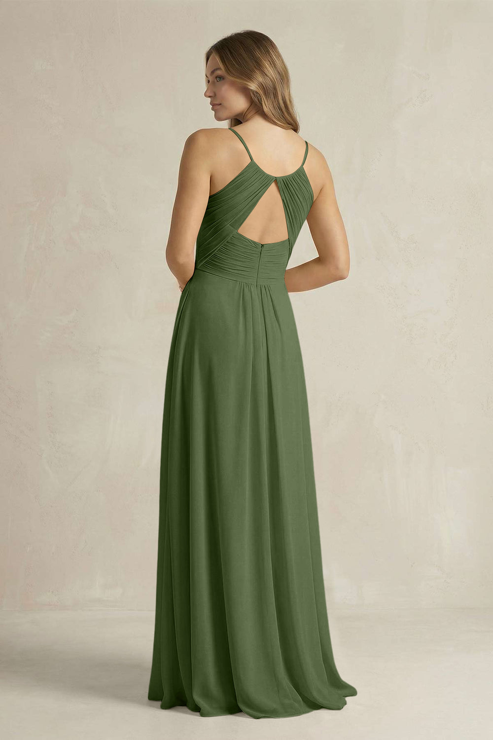 Cami Strap A-Line Chiffon Pleated Bridesmaid Dress in Moss