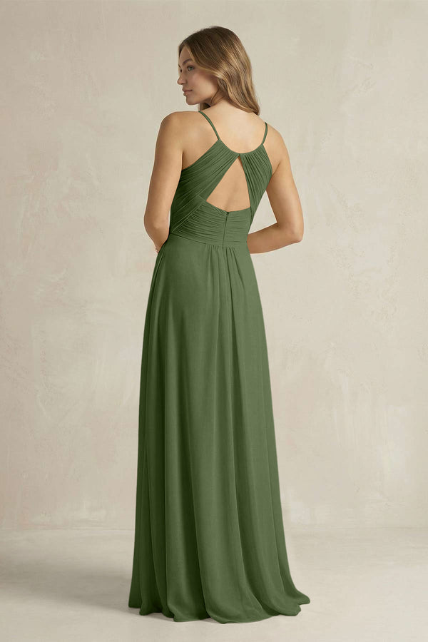 Cami Strap A-Line Chiffon Pleated Bridesmaid Dress in Moss (2) | KISSBRIDAL