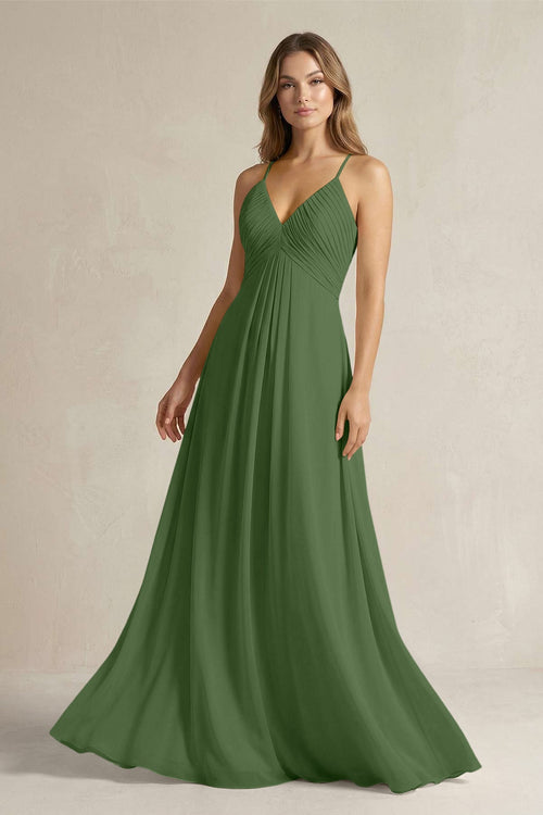 Cami Strap A - Line Chiffon Pleated Bridesmaid Dress in Moss - SHE IS ME Bridesmaid Dresses
