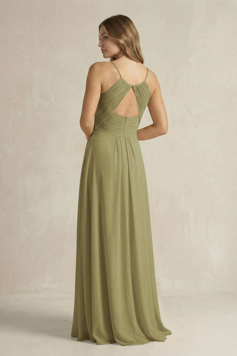 Cami Strap A-Line Chiffon Pleated Bridesmaid Dress in Moss Green