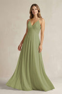 Cami Strap A - Line Chiffon Pleated Bridesmaid Dress in Moss Green - SHE IS ME Bridesmaid Dresses