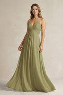 Cami Strap A-Line Chiffon Pleated Bridesmaid Dress in Moss Green | KISSBRIDAL