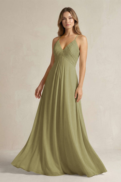 Cami Strap A-Line Chiffon Pleated Bridesmaid Dress in Moss Green | KISSBRIDAL