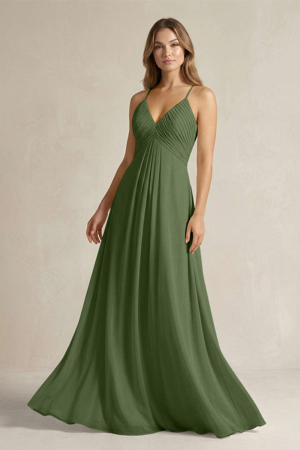 Cami Strap A-Line Chiffon Pleated Bridesmaid Dress in Moss