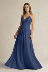 Cami Strap A - Line Chiffon Pleated Bridesmaid Dress in Navy - KISS BRIDAL Bridesmaid Dresses