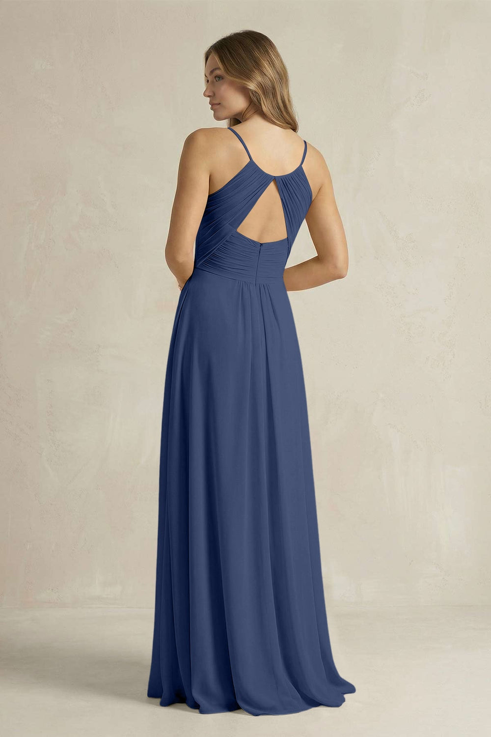 Cami Strap A - Line Chiffon Pleated Bridesmaid Dress in Navy - KISS BRIDAL Bridesmaid Dresses