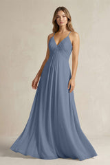 Cami Strap A - Line Chiffon Pleated Bridesmaid Dress in Neptune - KISS BRIDAL Bridesmaid Dresses
