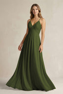 Cami Strap A - Line Chiffon Pleated Bridesmaid Dress in Olive - SHE IS ME Bridesmaid Dresses