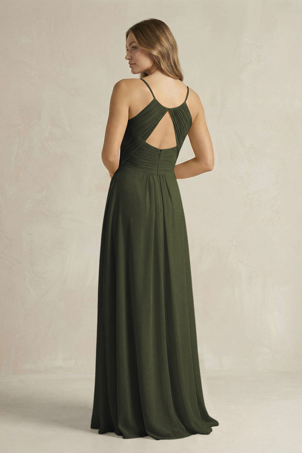 Cami Strap A-Line Chiffon Pleated Bridesmaid Dress in Olive