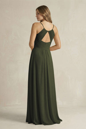 Cami Strap A-Line Chiffon Pleated Bridesmaid Dress in Olive (2) | KISSBRIDAL