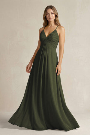 Cami Strap A-Line Chiffon Pleated Bridesmaid Dress in Olive | KISSBRIDAL