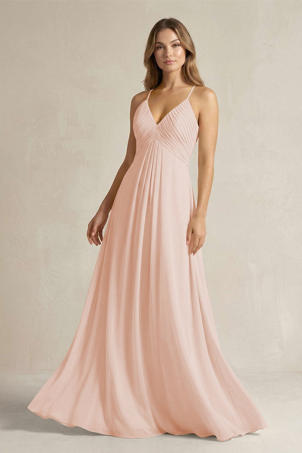 Cami Strap A - Line Chiffon Pleated Bridesmaid Dress in Pale Blush - KISS BRIDAL Bridesmaid Dresses