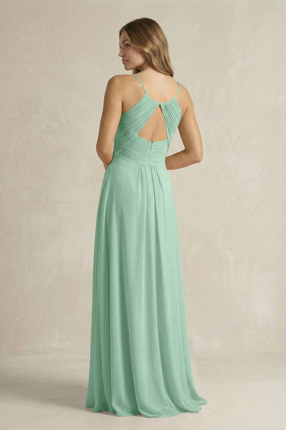Cami Strap A-Line Chiffon Pleated Bridesmaid Dress in Pale Pistachio