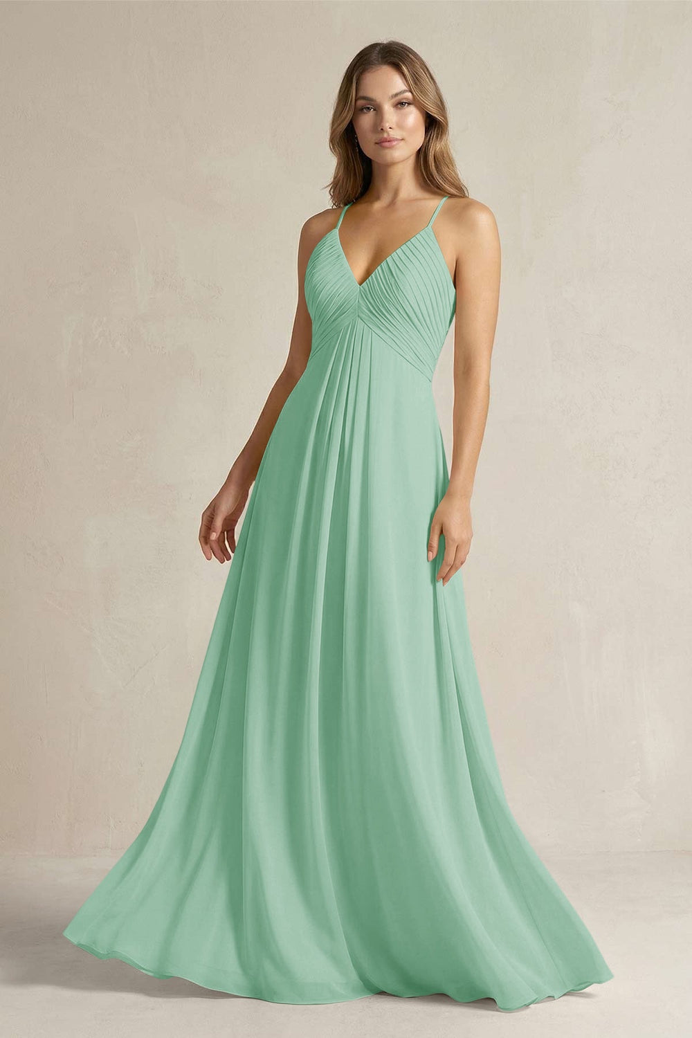 Cami Strap A - Line Chiffon Pleated Bridesmaid Dress in Pale Pistachio - KISS BRIDAL Bridesmaid Dresses