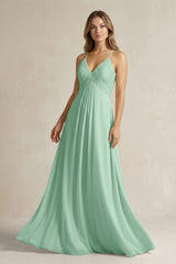 Cami Strap A-Line Chiffon Pleated Bridesmaid Dress in Pale Pistachio | KISSBRIDAL