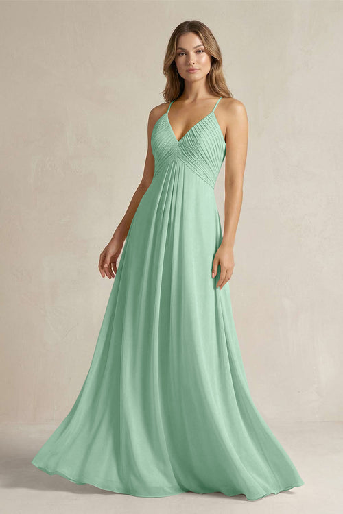 Cami Strap A-Line Chiffon Pleated Bridesmaid Dress in Pale Pistachio | KISSBRIDAL