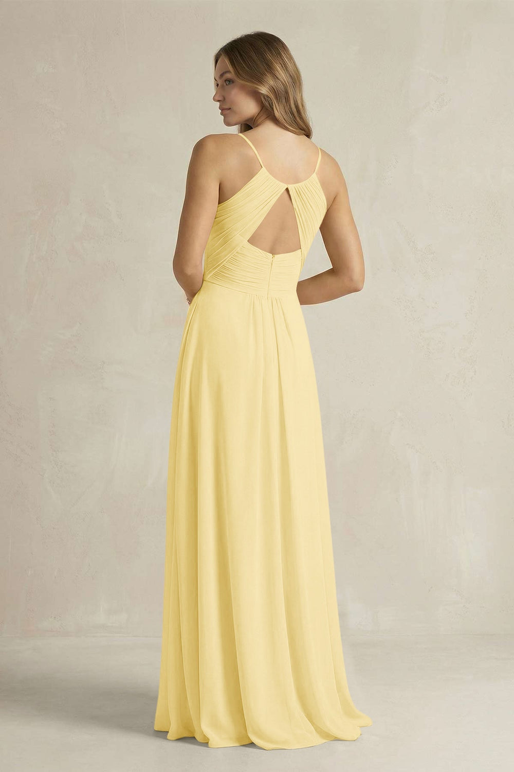 Cami Strap A - Line Chiffon Pleated Bridesmaid Dress in Pastel Yellow - KISS BRIDAL Bridesmaid Dresses