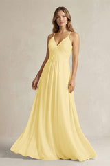 Cami Strap A - Line Chiffon Pleated Bridesmaid Dress in Pastel Yellow - KISS BRIDAL Bridesmaid Dresses