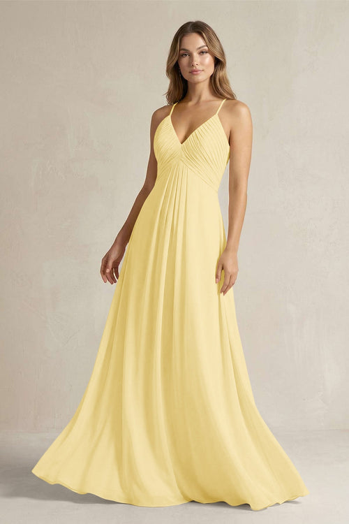 Cami Strap A - Line Chiffon Pleated Bridesmaid Dress in Pastel Yellow - SHE IS ME Bridesmaid Dresses