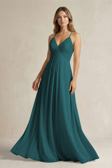 Cami Strap A - Line Chiffon Pleated Bridesmaid Dress in Pine - KISS BRIDAL Bridesmaid Dresses